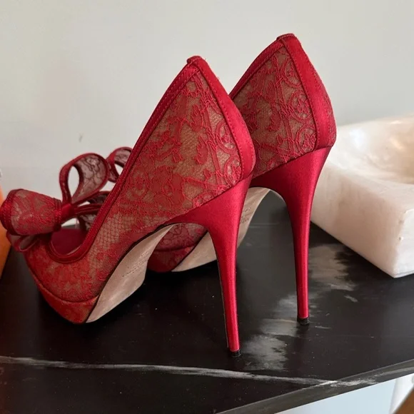 EUC Authentic Valentino Red Lace Bow Peep-Toe Stilettos - Picture 7 of 7